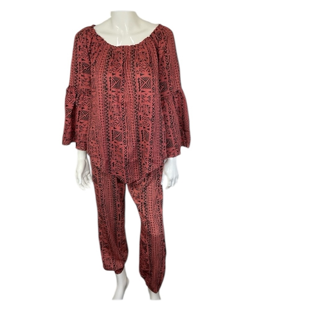 NEW Elan Clay Kenya Two Piece Long Sleeve Blouse and Pull On Pants Size S